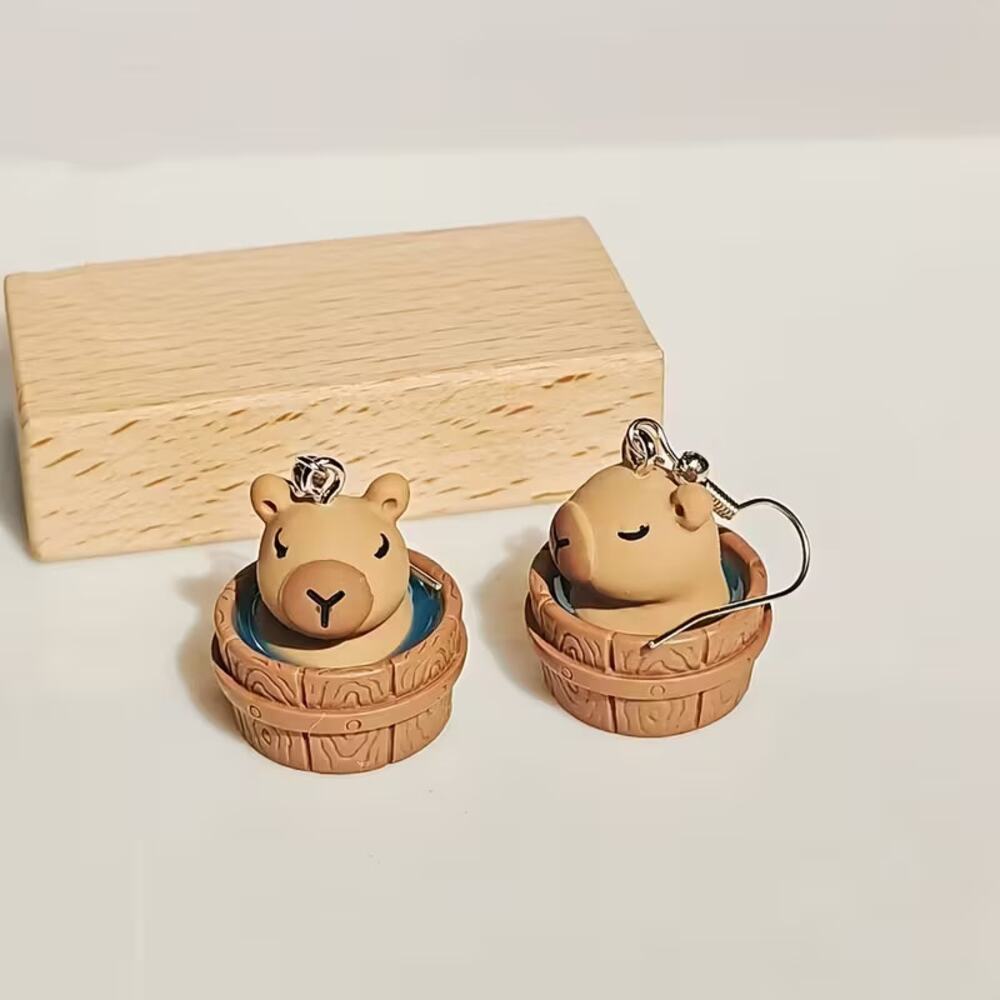 Handmade 3D Capybara Cute Bucket Bathing Earrings
